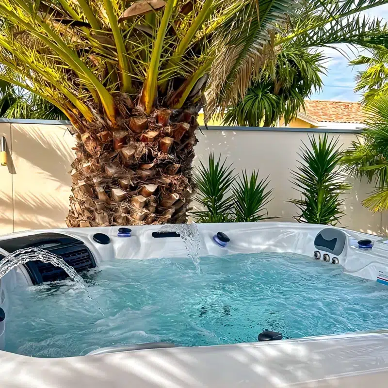 Spa Caraïbes 5 places Vendom – jets d’eau activés – installation extérieure devant palmier – Only Spa