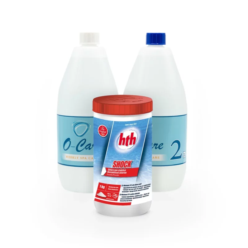Kit Essentiel : O-Care, 2 bidons de 1 litres + Chlore Choc de la marque HTH - Bidon de 1 kilo