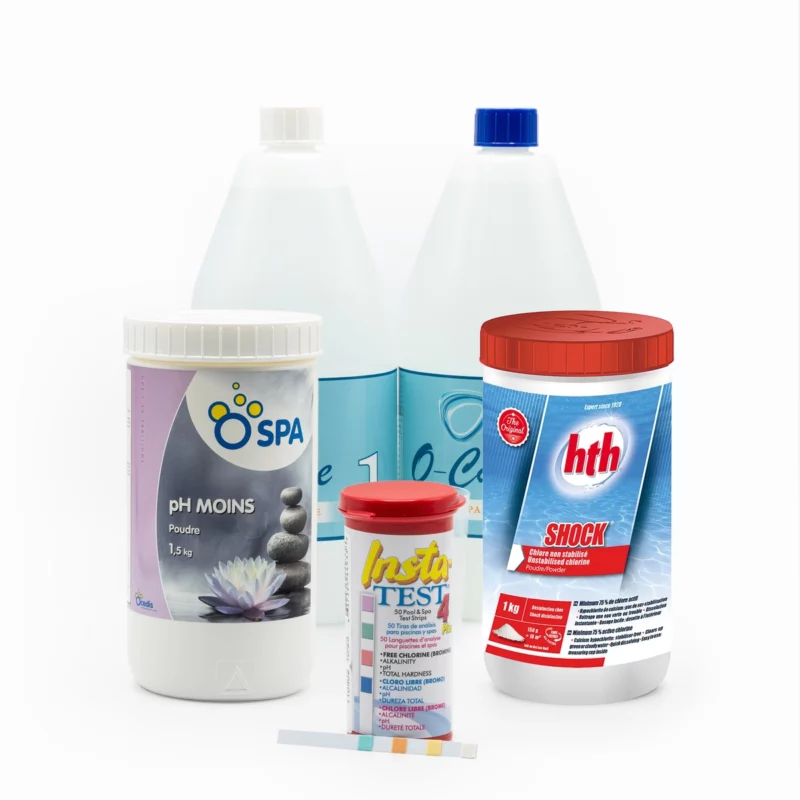 Kit Premium : Kit O-Care - 2 bidons de 1 litre + Chlore Choc de la marque HTH - Bidon de 1 kilo + Bandelettes test de la marque Insta Test - 50 bandelettes + PH - de la marque Ocedis - Bidon de 1,5 kilos