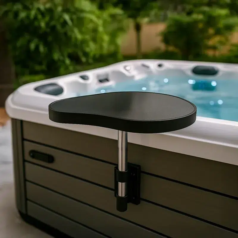 Plateau rotatif pour spa, support en acier inoxydable et tablette pivotante en ABS noir.