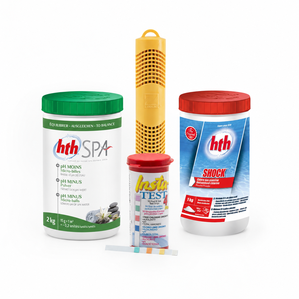 Kit Starter : Zodiac, Chlore Choc HTH 1 kg, Insta-TEST 50 bandelettes et pH Moins HTH Spa 2 kg