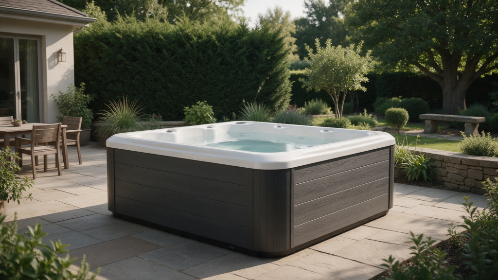 Spa sur une terrasse dans un jardin — visuel généré par IA.