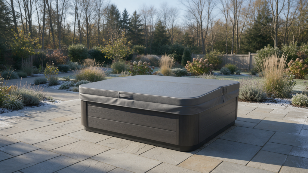 Couverture isolante fermée sur un spa — visuel généré par IA.