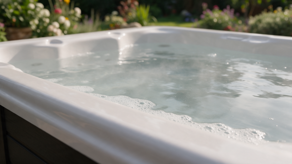 Eau trouble et mousse au bord d’un spa — visuel généré par IA.
